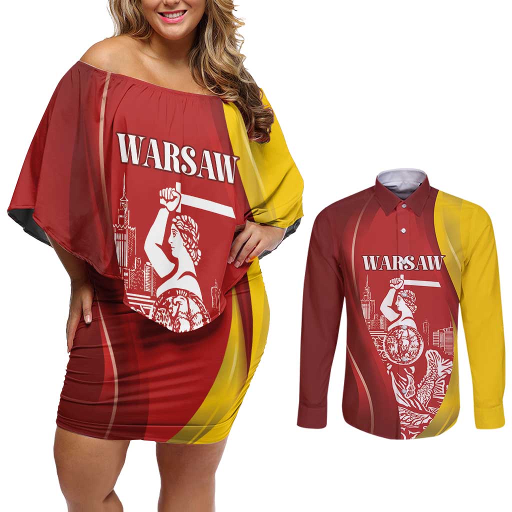 Warsaw Capital of Poland Personalized Couples Matching Off Shoulder Short Dress and Long Sleeve Button Shirt Syrenka Warszawska Sporty Style