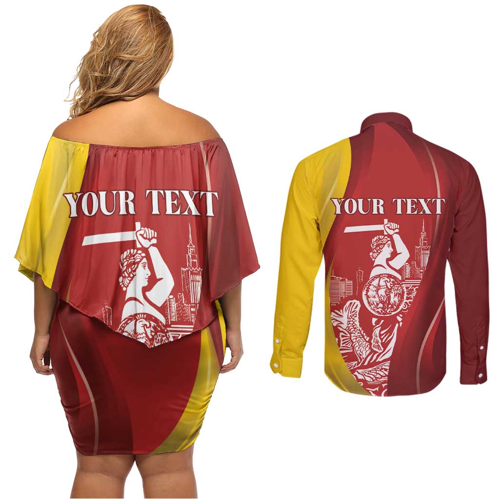 Warsaw Capital of Poland Personalized Couples Matching Off Shoulder Short Dress and Long Sleeve Button Shirt Syrenka Warszawska Sporty Style