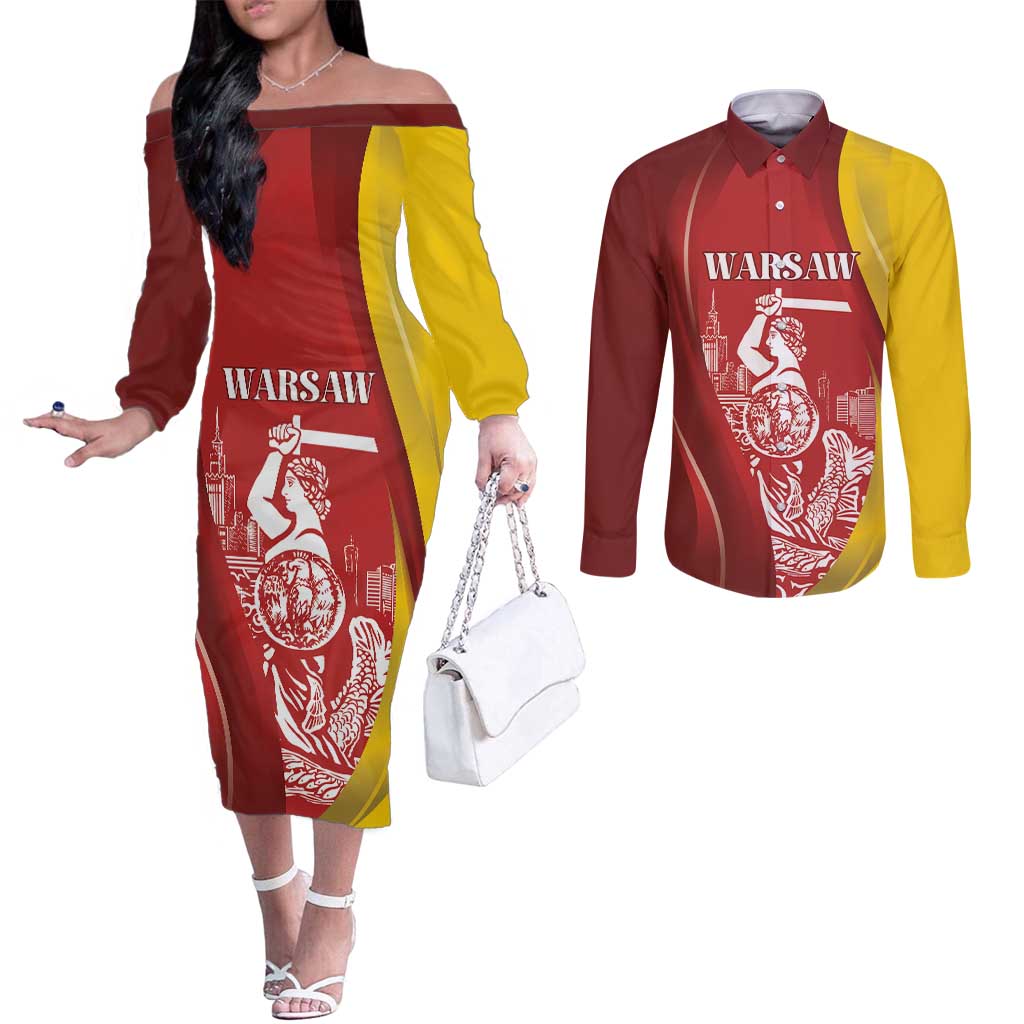 Warsaw Capital of Poland Personalized Couples Matching Off The Shoulder Long Sleeve Dress and Long Sleeve Button Shirt Syrenka Warszawska Sporty Style