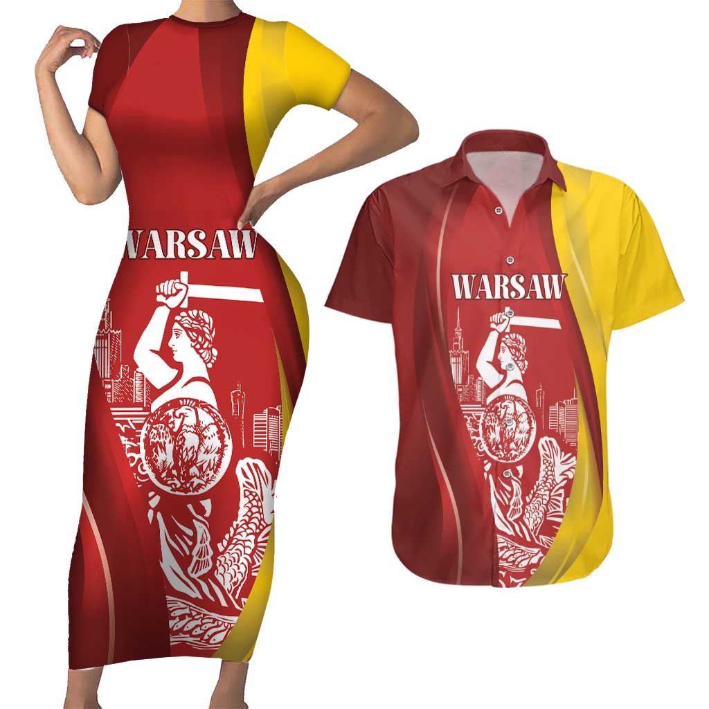 Warsaw Capital of Poland Personalized Couples Matching Short Sleeve Bodycon Dress and Hawaiian Shirt Syrenka Warszawska Sporty Style