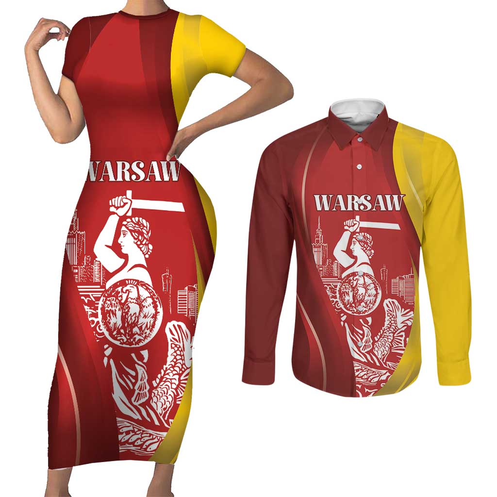 Warsaw Capital of Poland Personalized Couples Matching Short Sleeve Bodycon Dress and Long Sleeve Button Shirt Syrenka Warszawska Sporty Style