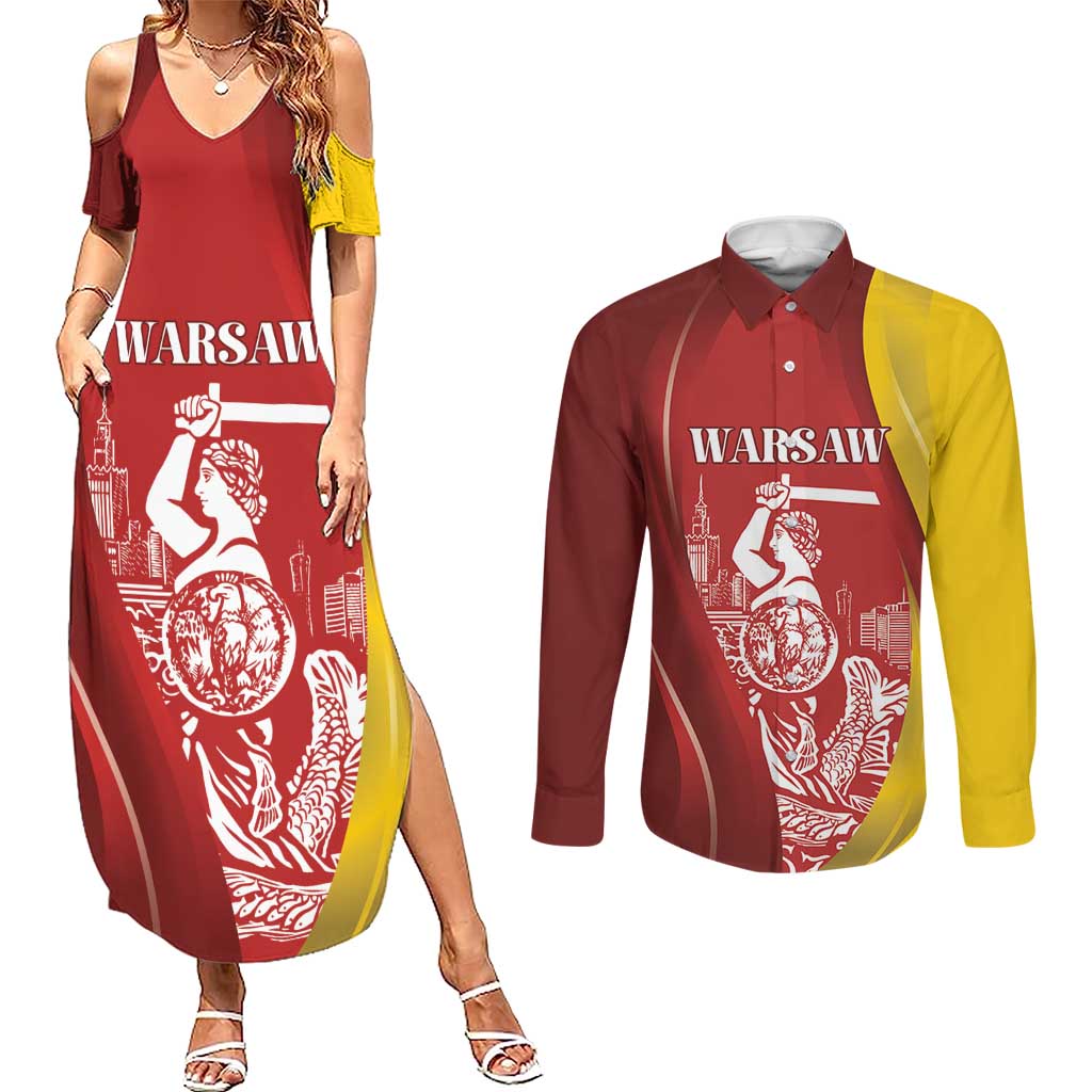 Warsaw Capital of Poland Personalized Couples Matching Summer Maxi Dress and Long Sleeve Button Shirt Syrenka Warszawska Sporty Style