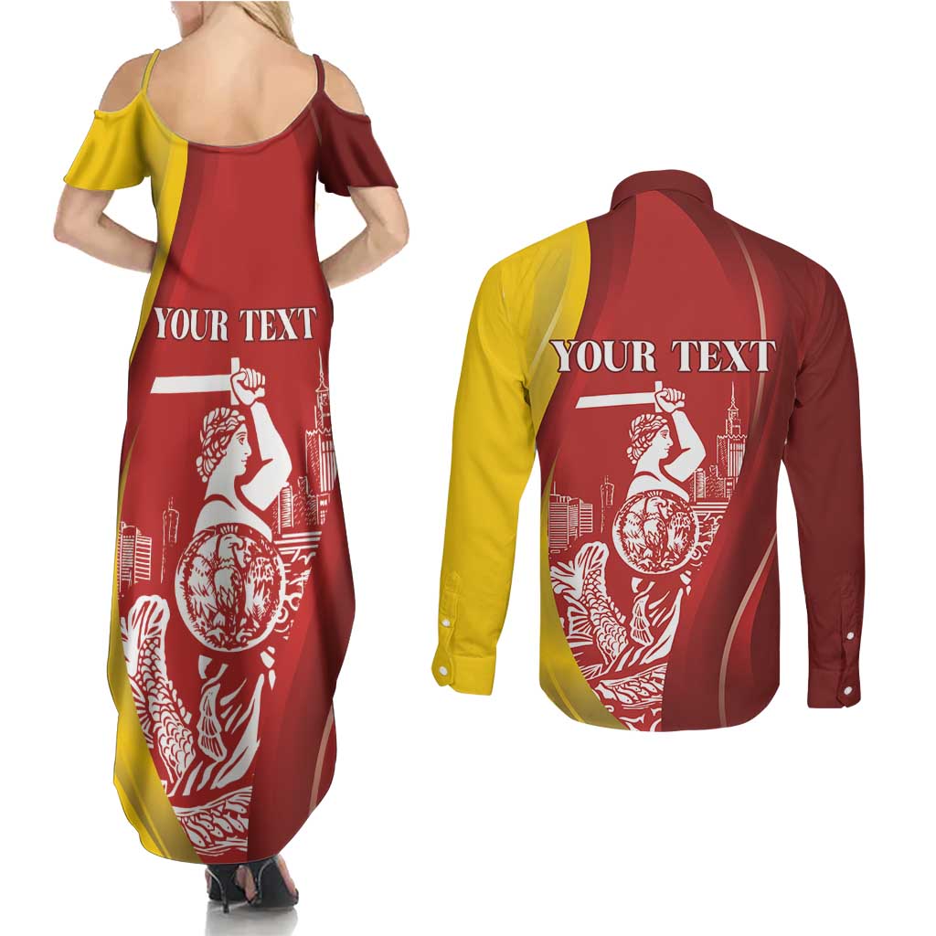 Warsaw Capital of Poland Personalized Couples Matching Summer Maxi Dress and Long Sleeve Button Shirt Syrenka Warszawska Sporty Style