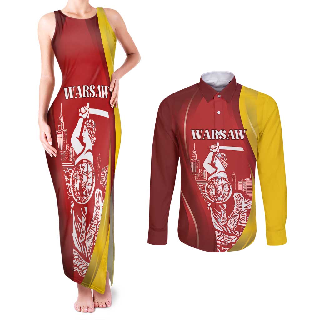 Warsaw Capital of Poland Personalized Couples Matching Tank Maxi Dress and Long Sleeve Button Shirt Syrenka Warszawska Sporty Style