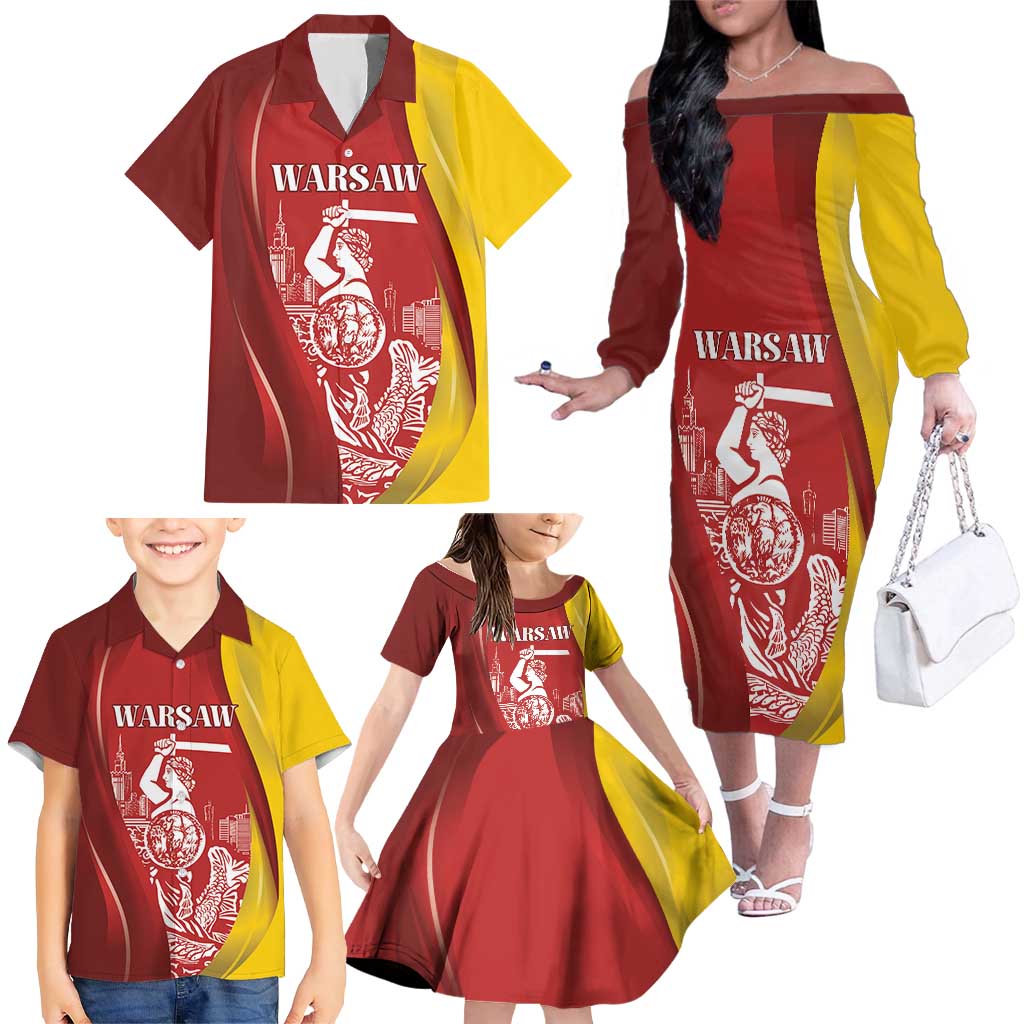 Warsaw Capital of Poland Personalized Family Matching Off The Shoulder Long Sleeve Dress and Hawaiian Shirt Syrenka Warszawska Sporty Style
