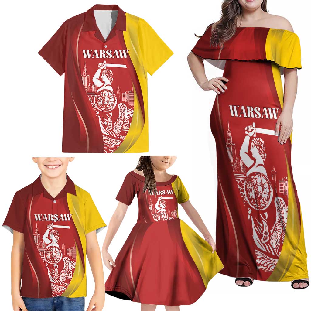 Warsaw Capital of Poland Personalized Family Matching Off Shoulder Maxi Dress and Hawaiian Shirt Syrenka Warszawska Sporty Style