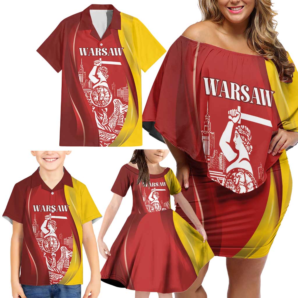 Warsaw Capital of Poland Personalized Family Matching Off Shoulder Short Dress and Hawaiian Shirt Syrenka Warszawska Sporty Style