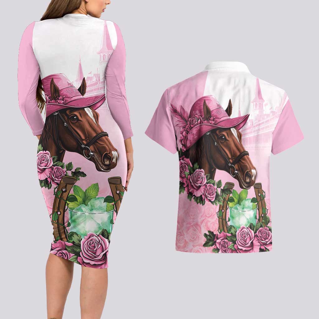 Kentucky Horse Racing Couples Matching Long Sleeve Bodycon Dress and Hawaiian Shirt Mint Julep Cocktail
