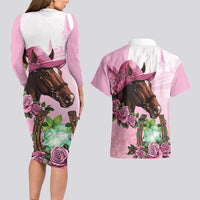 Kentucky Horse Racing Couples Matching Long Sleeve Bodycon Dress and Hawaiian Shirt Mint Julep Cocktail