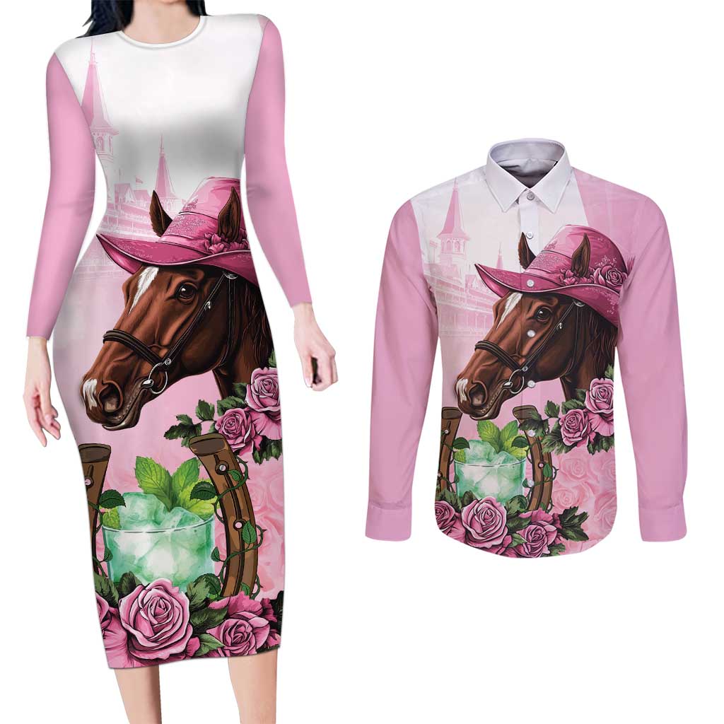 Kentucky Horse Racing Couples Matching Long Sleeve Bodycon Dress and Long Sleeve Button Shirt Mint Julep Cocktail