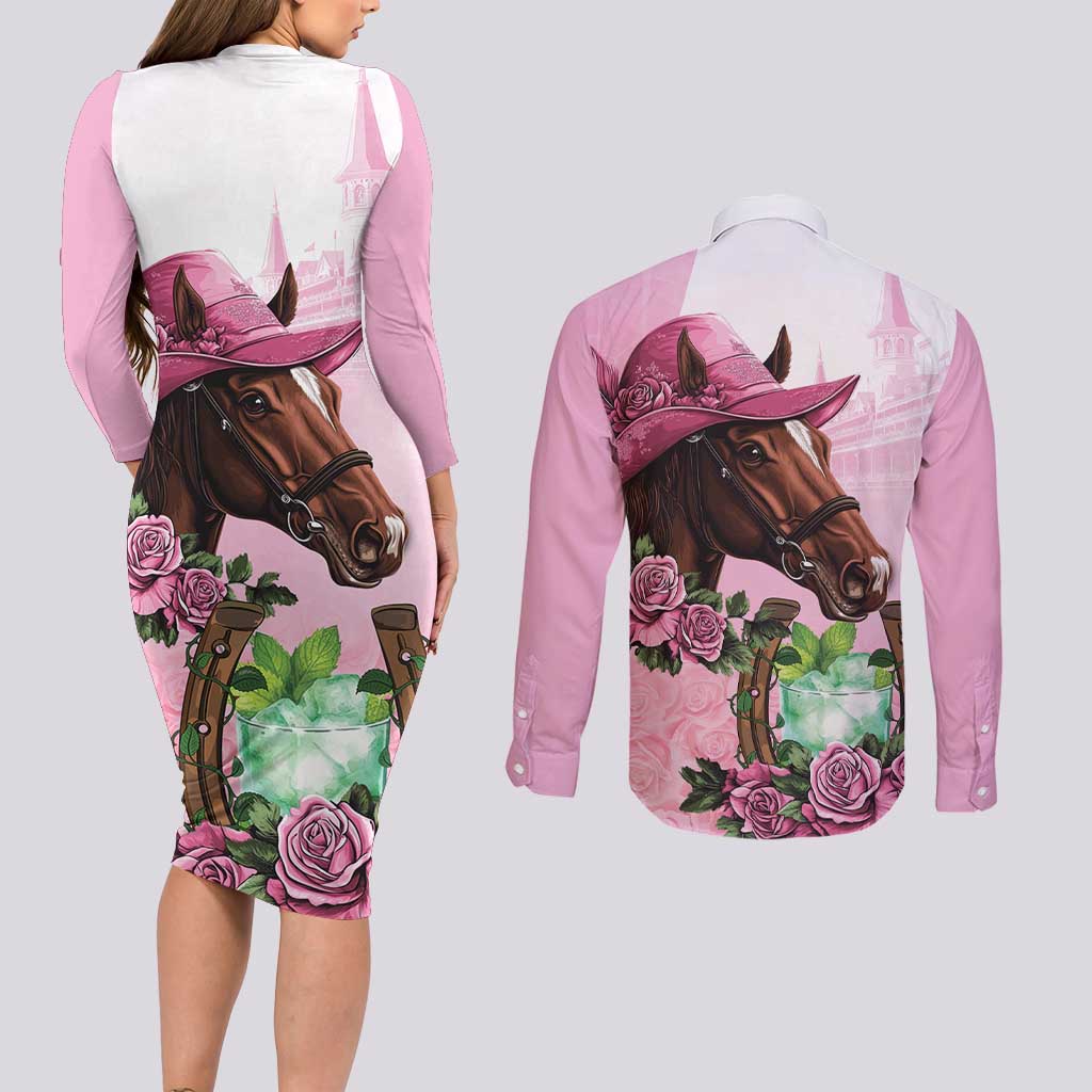Kentucky Horse Racing Couples Matching Long Sleeve Bodycon Dress and Long Sleeve Button Shirt Mint Julep Cocktail