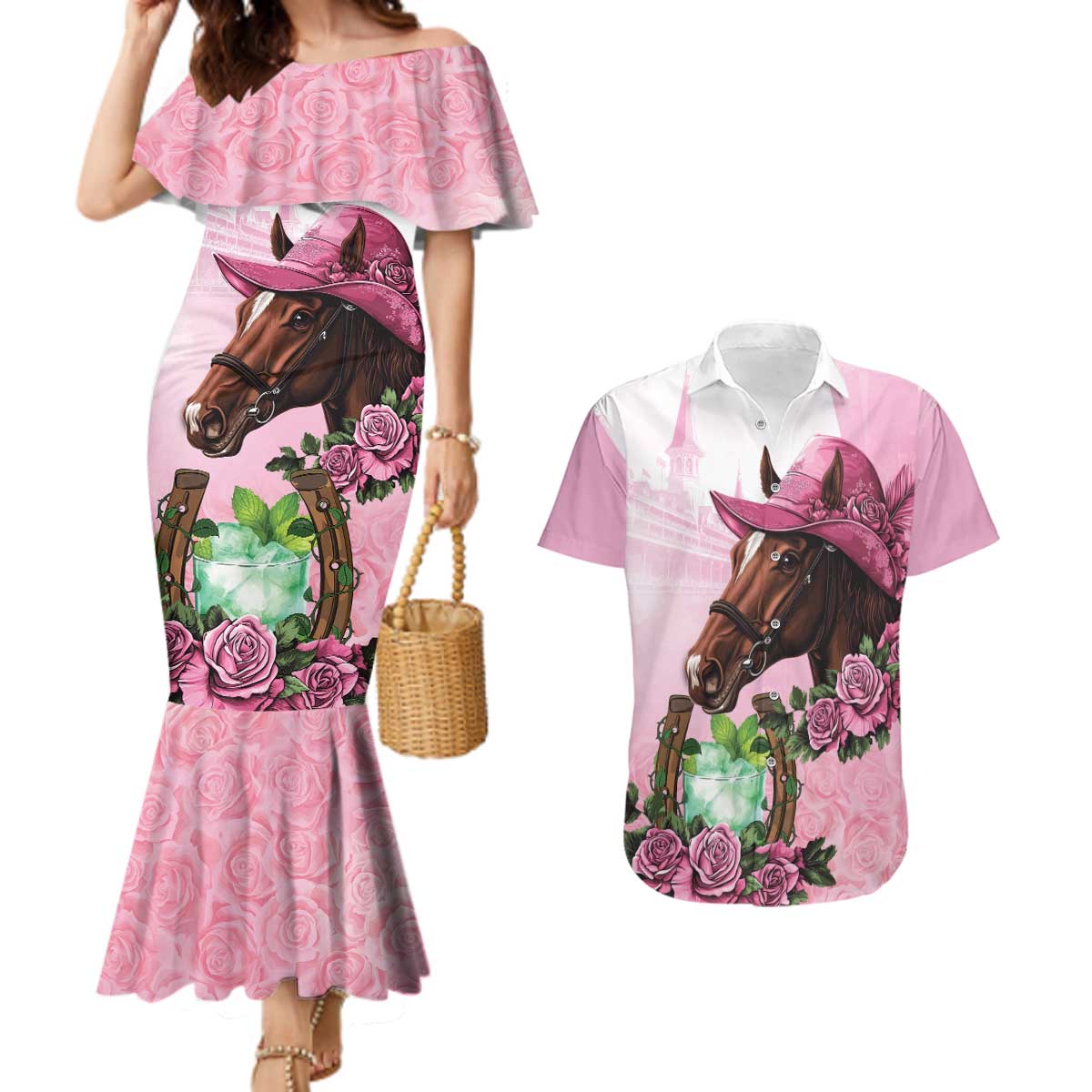 Kentucky Horse Racing Couples Matching Mermaid Dress and Hawaiian Shirt Mint Julep Cocktail