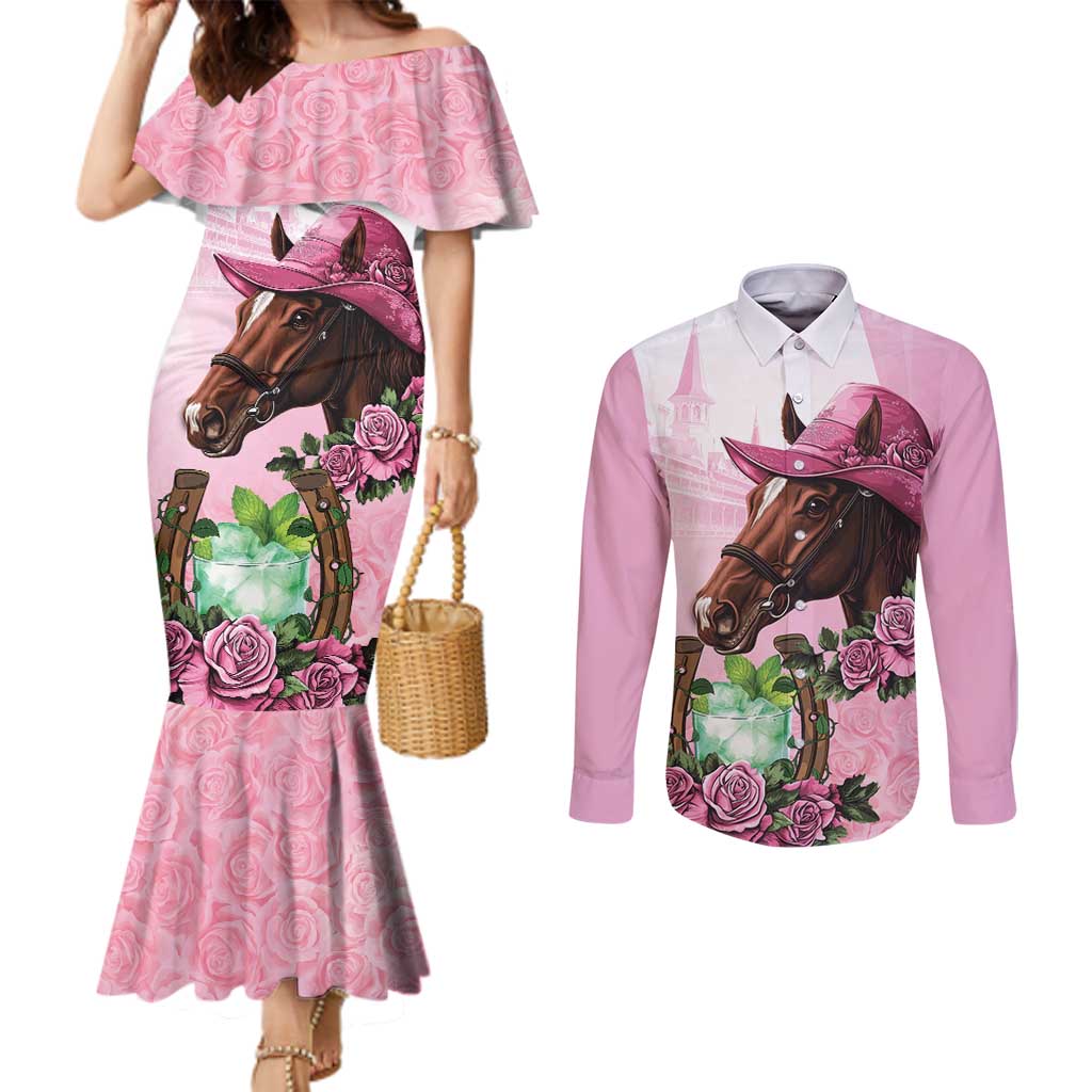 Kentucky Horse Racing Couples Matching Mermaid Dress and Long Sleeve Button Shirt Mint Julep Cocktail