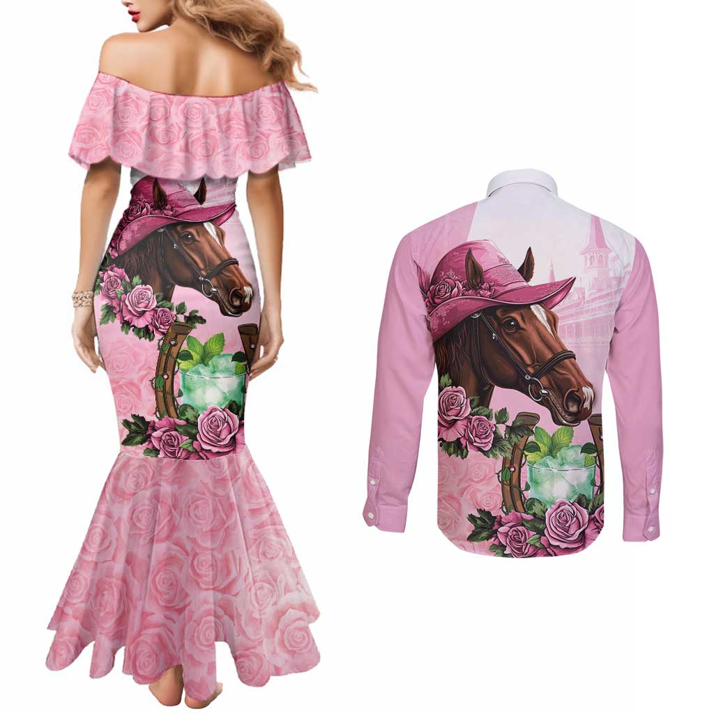 Kentucky Horse Racing Couples Matching Mermaid Dress and Long Sleeve Button Shirt Mint Julep Cocktail