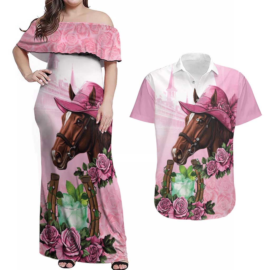 Kentucky Horse Racing Couples Matching Off Shoulder Maxi Dress and Hawaiian Shirt Mint Julep Cocktail