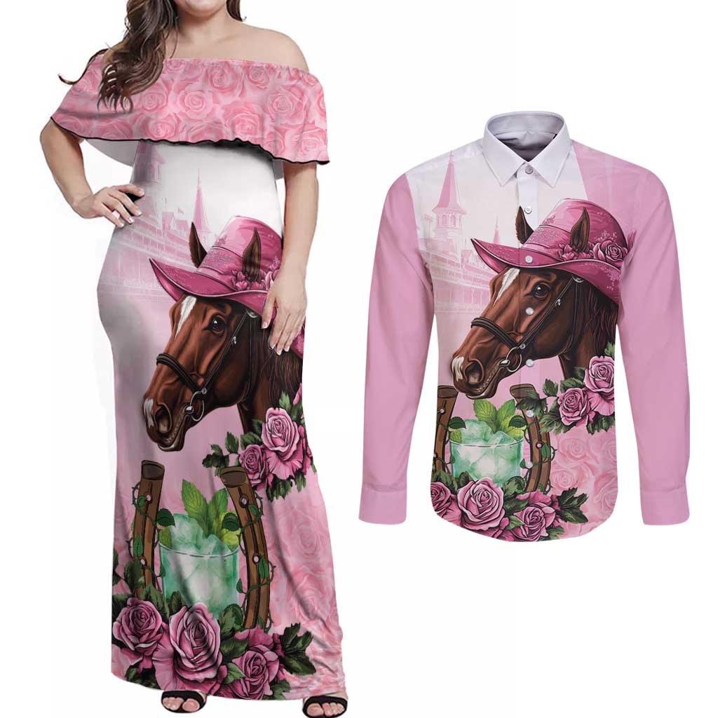 Kentucky Horse Racing Couples Matching Off Shoulder Maxi Dress and Long Sleeve Button Shirt Mint Julep Cocktail