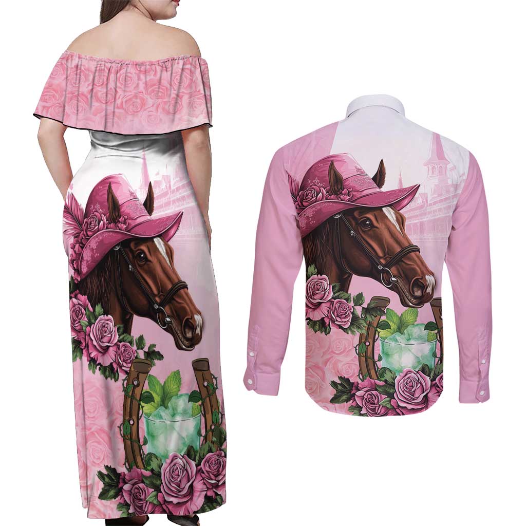 Kentucky Horse Racing Couples Matching Off Shoulder Maxi Dress and Long Sleeve Button Shirt Mint Julep Cocktail