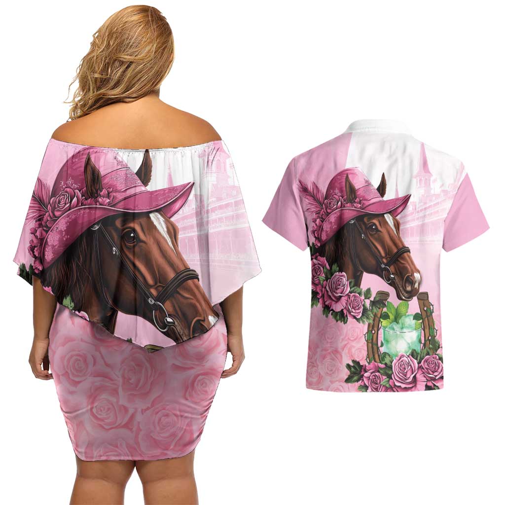 Kentucky Horse Racing Couples Matching Off Shoulder Short Dress and Hawaiian Shirt Mint Julep Cocktail