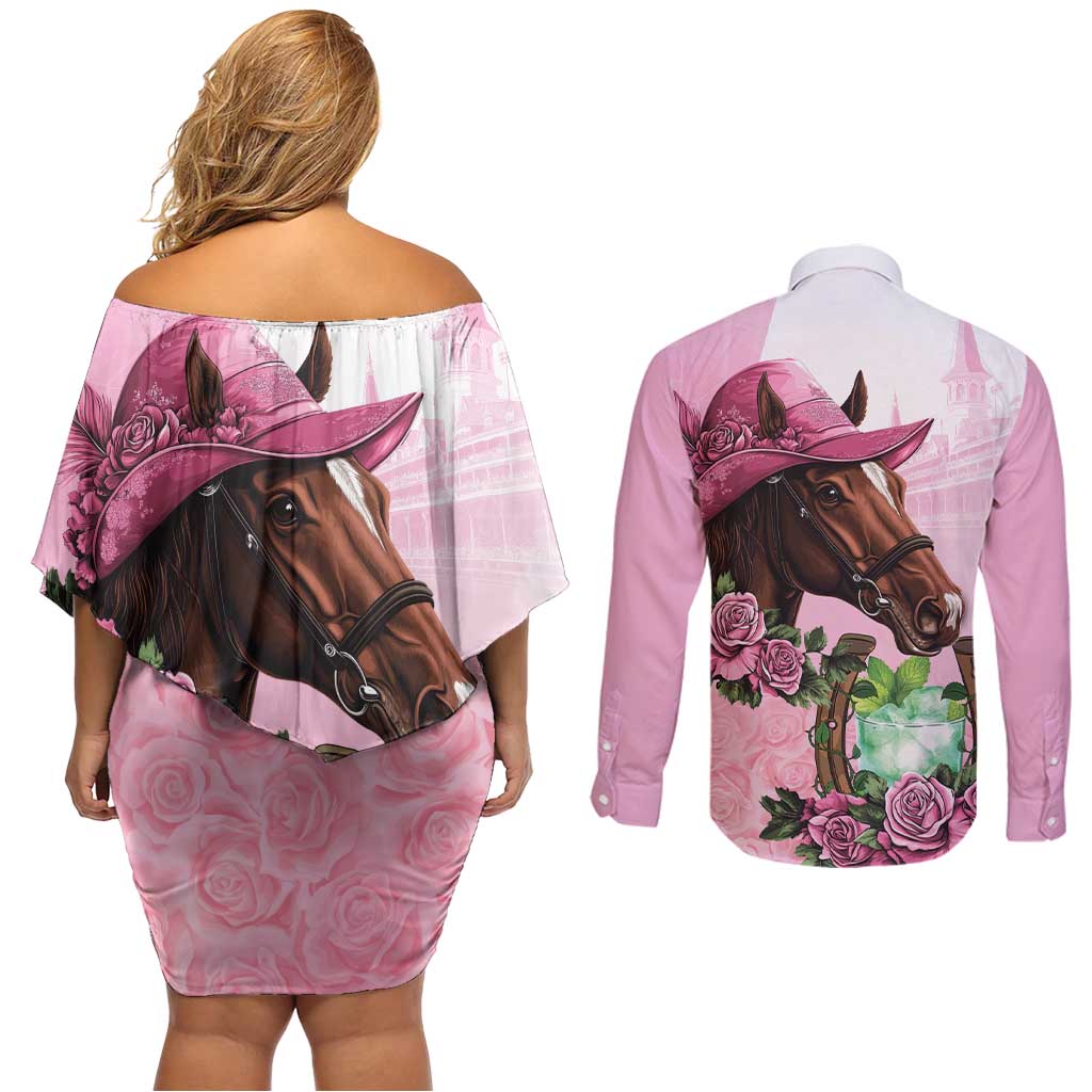 Kentucky Horse Racing Couples Matching Off Shoulder Short Dress and Long Sleeve Button Shirt Mint Julep Cocktail