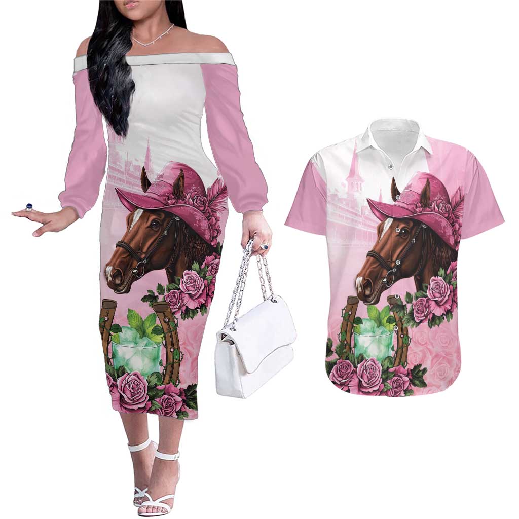 Kentucky Horse Racing Couples Matching Off The Shoulder Long Sleeve Dress and Hawaiian Shirt Mint Julep Cocktail