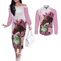 Kentucky Horse Racing Couples Matching Off The Shoulder Long Sleeve Dress and Long Sleeve Button Shirt Mint Julep Cocktail