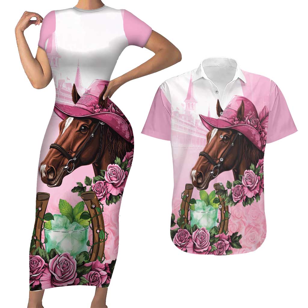 Kentucky Horse Racing Couples Matching Short Sleeve Bodycon Dress and Hawaiian Shirt Mint Julep Cocktail