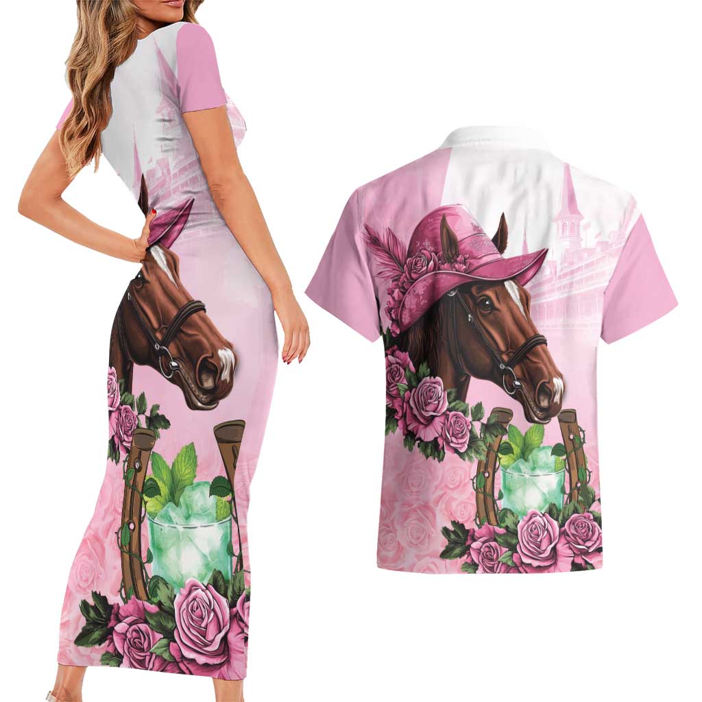 Kentucky Horse Racing Couples Matching Short Sleeve Bodycon Dress and Hawaiian Shirt Mint Julep Cocktail