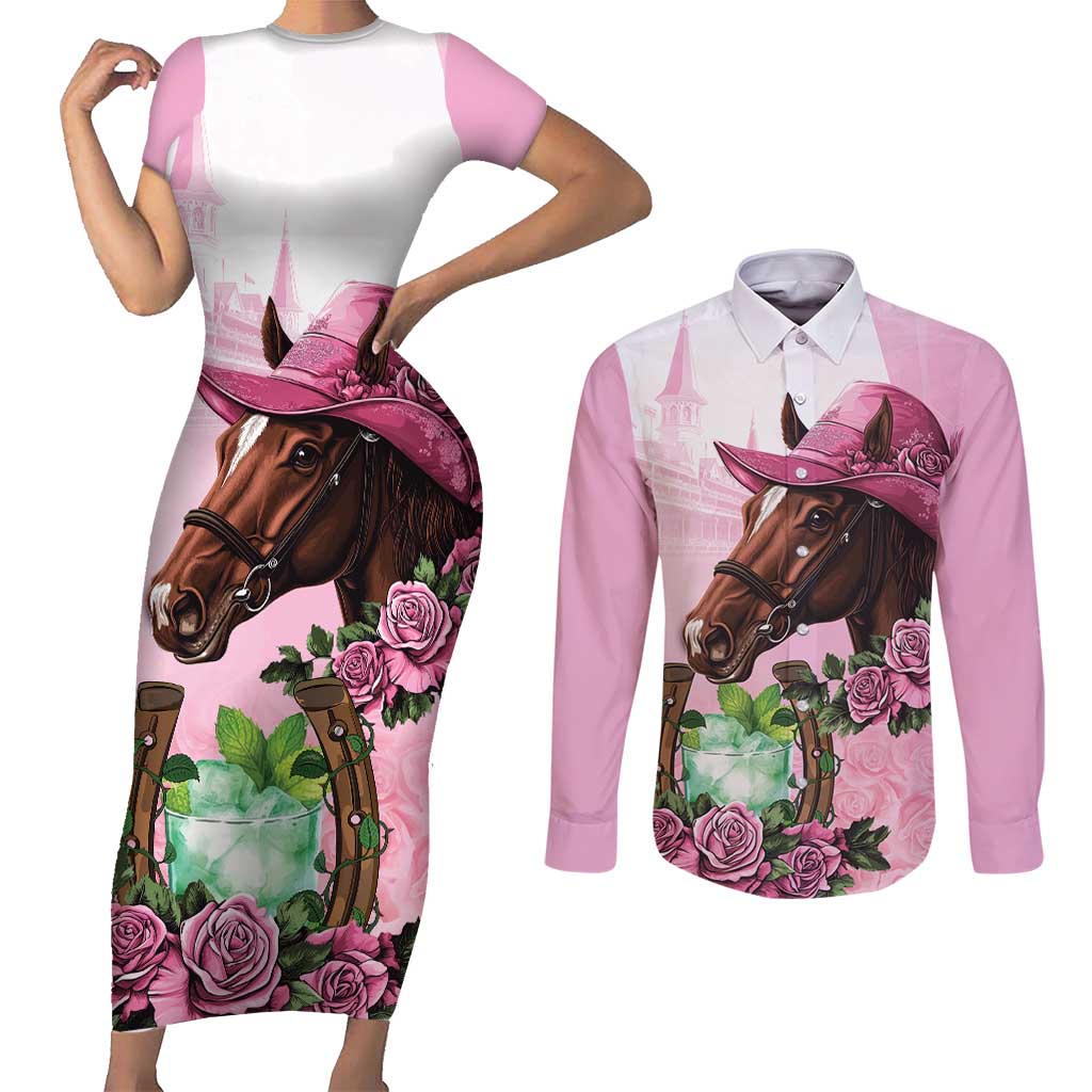Kentucky Horse Racing Couples Matching Short Sleeve Bodycon Dress and Long Sleeve Button Shirt Mint Julep Cocktail
