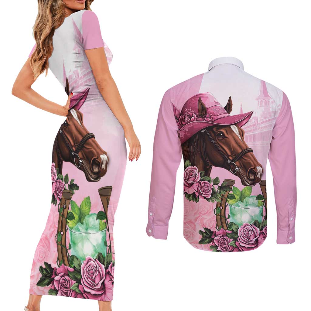 Kentucky Horse Racing Couples Matching Short Sleeve Bodycon Dress and Long Sleeve Button Shirt Mint Julep Cocktail