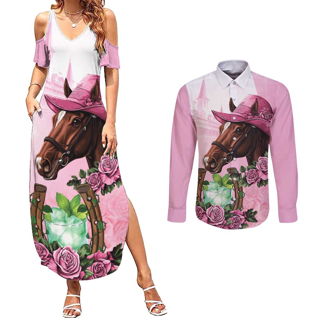 Kentucky Horse Racing Couples Matching Summer Maxi Dress and Long Sleeve Button Shirt Mint Julep Cocktail