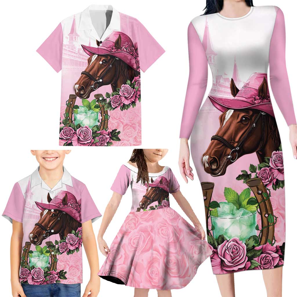 Kentucky Horse Racing Family Matching Long Sleeve Bodycon Dress and Hawaiian Shirt Mint Julep Cocktail