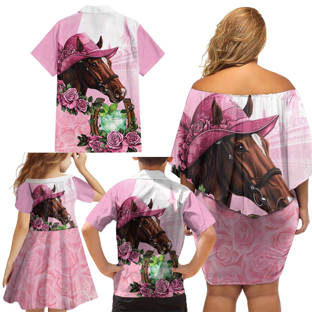 Kentucky Horse Racing Family Matching Off Shoulder Short Dress and Hawaiian Shirt Mint Julep Cocktail