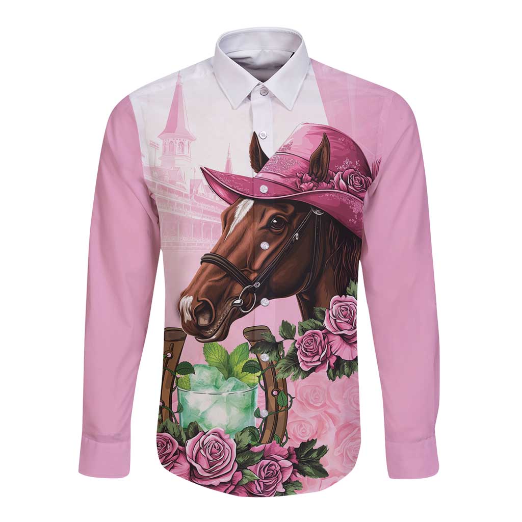 Kentucky Horse Racing Long Sleeve Button Shirt Mint Julep Cocktail