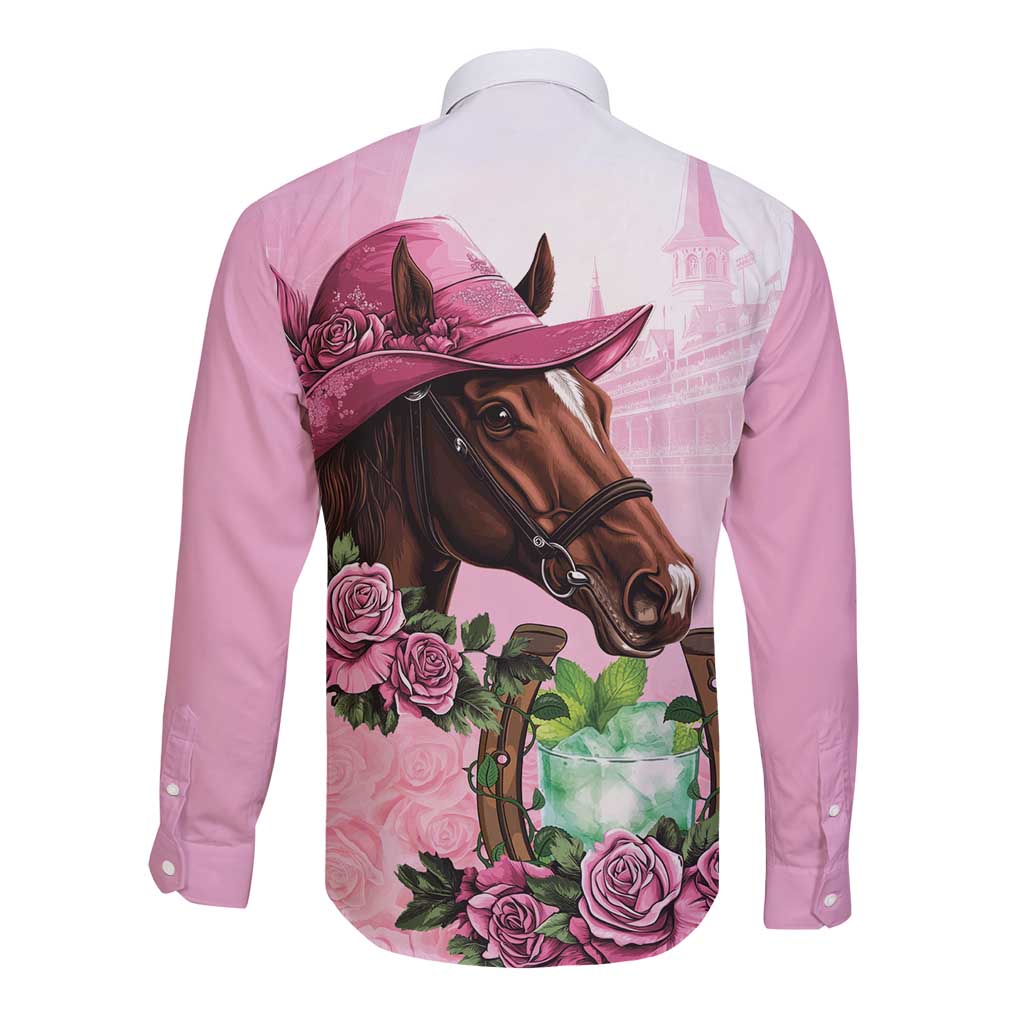 Kentucky Horse Racing Long Sleeve Button Shirt Mint Julep Cocktail
