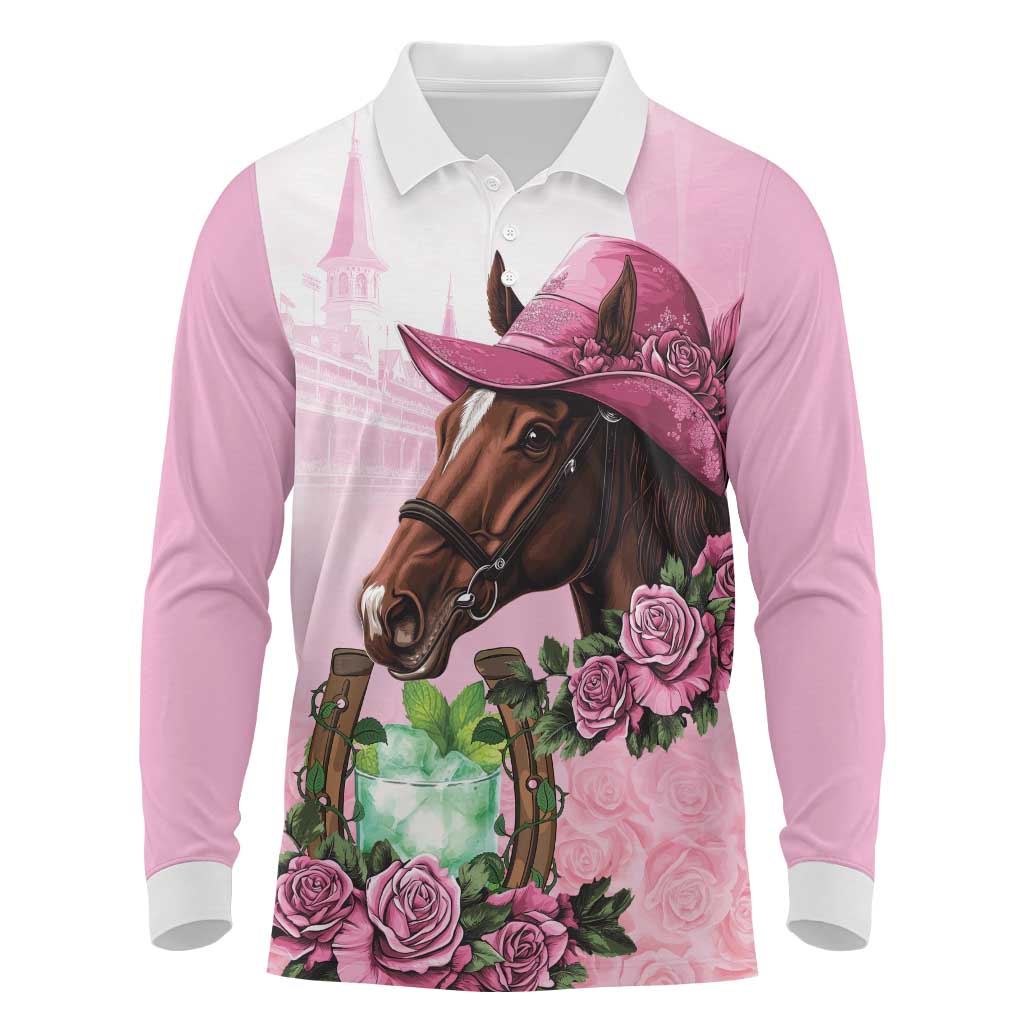 Kentucky Horse Racing Long Sleeve Polo Shirt Mint Julep Cocktail