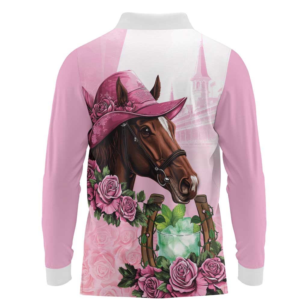 Kentucky Horse Racing Long Sleeve Polo Shirt Mint Julep Cocktail