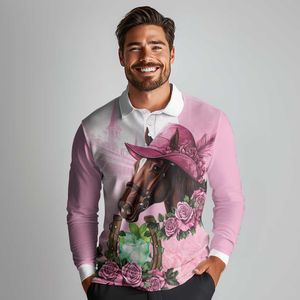 Kentucky Horse Racing Long Sleeve Polo Shirt Mint Julep Cocktail