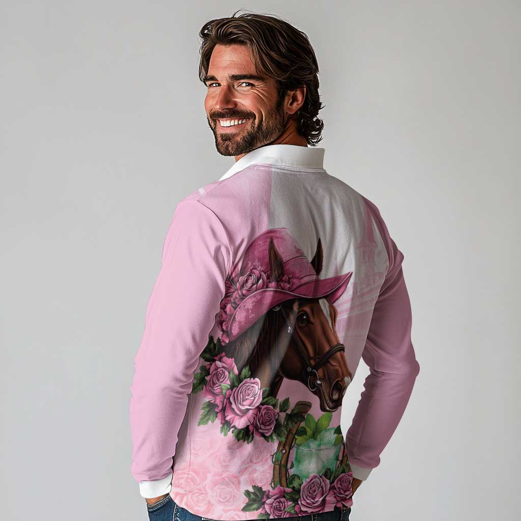 Kentucky Horse Racing Long Sleeve Polo Shirt Mint Julep Cocktail