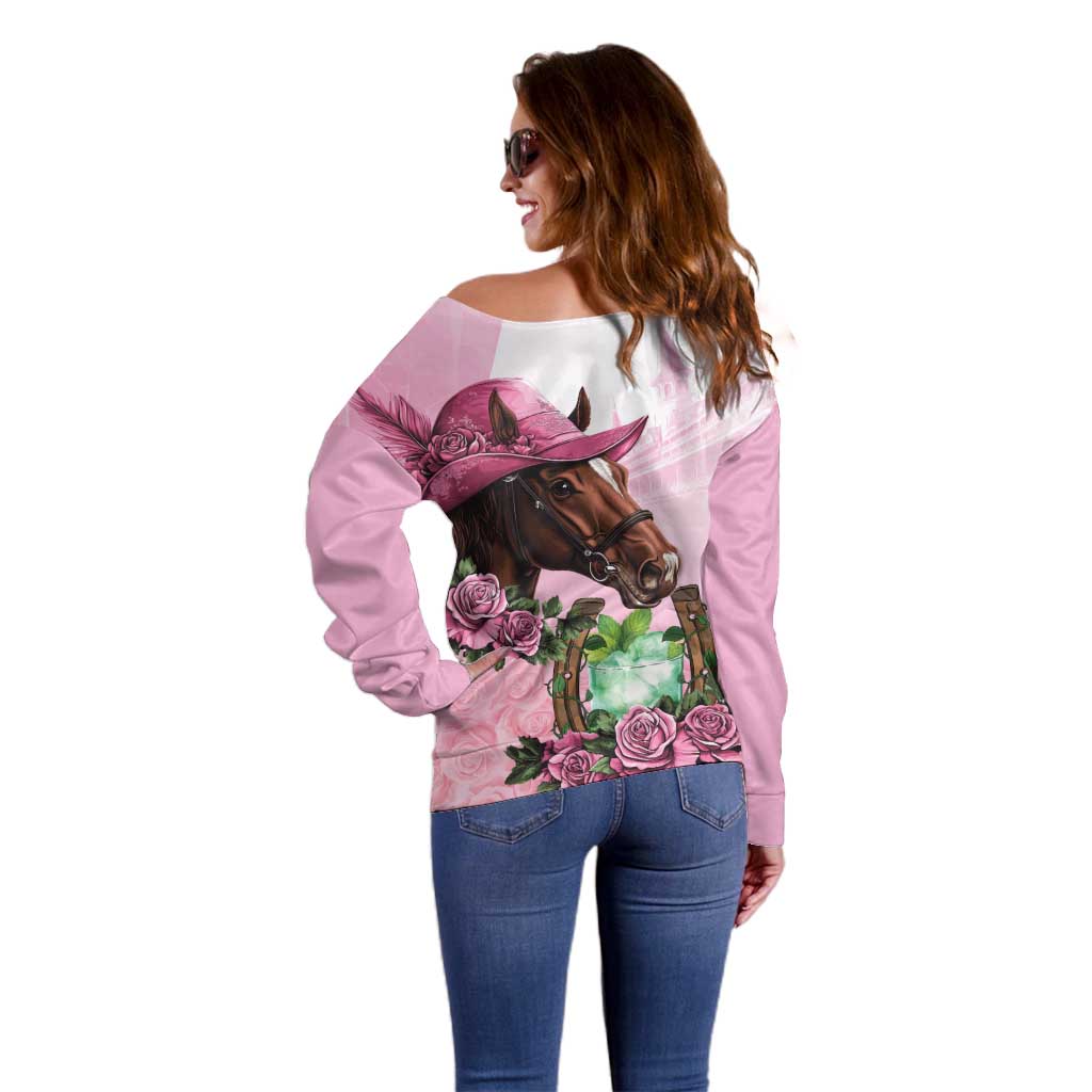Kentucky Horse Racing Off Shoulder Sweater Mint Julep Cocktail
