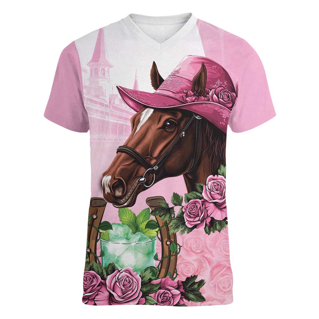 Kentucky Horse Racing Women V-Neck T-Shirt Mint Julep Cocktail
