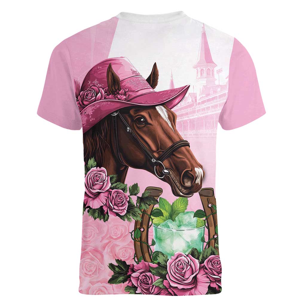 Kentucky Horse Racing Women V-Neck T-Shirt Mint Julep Cocktail