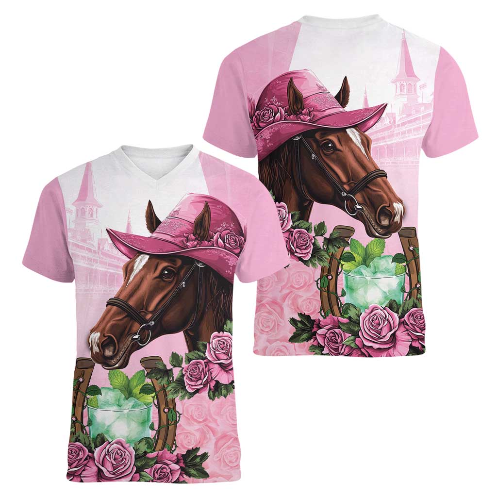 Kentucky Horse Racing Women V-Neck T-Shirt Mint Julep Cocktail