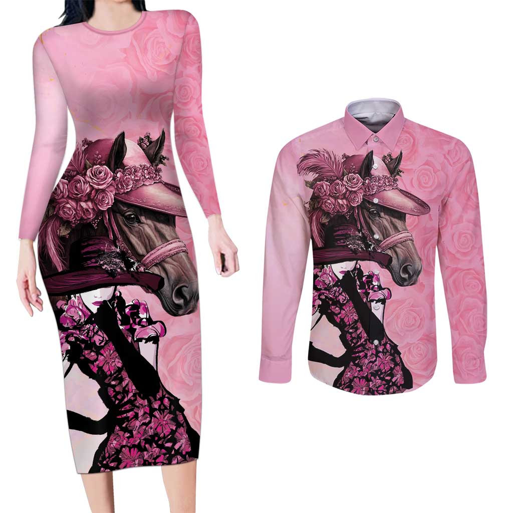 Kentucky Horse Racing Couples Matching Long Sleeve Bodycon Dress and Long Sleeve Button Shirt Derby Ladies With Roses