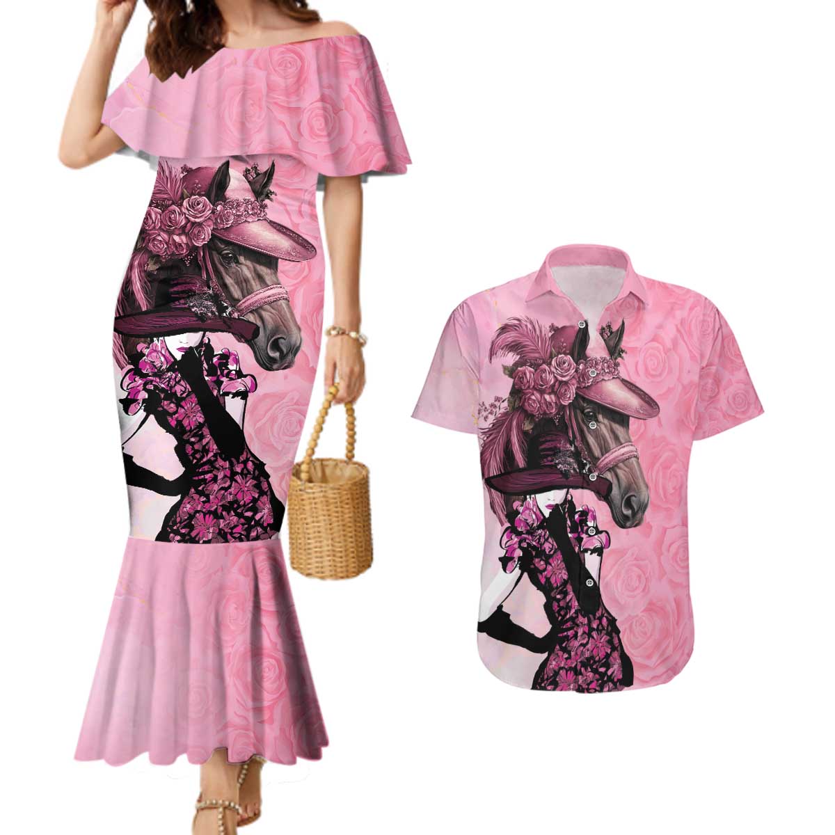 Kentucky Horse Racing Couples Matching Mermaid Dress and Hawaiian Shirt Derby Ladies With Roses