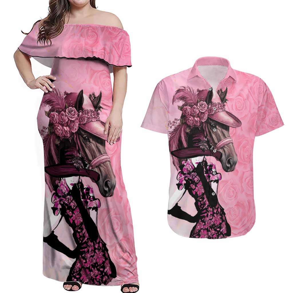 Kentucky Horse Racing Couples Matching Off Shoulder Maxi Dress and Hawaiian Shirt Derby Ladies With Roses