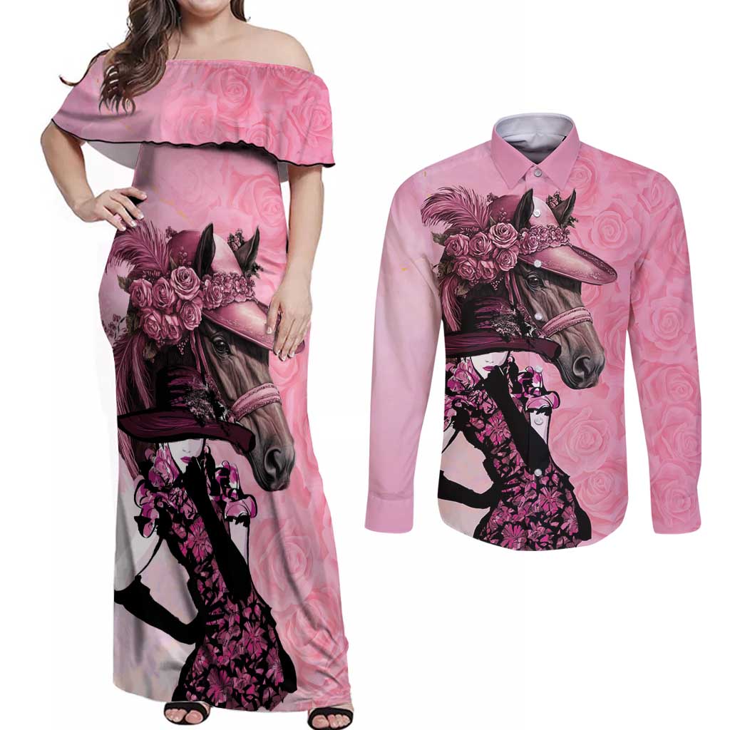 Kentucky Horse Racing Couples Matching Off Shoulder Maxi Dress and Long Sleeve Button Shirt Derby Ladies With Roses