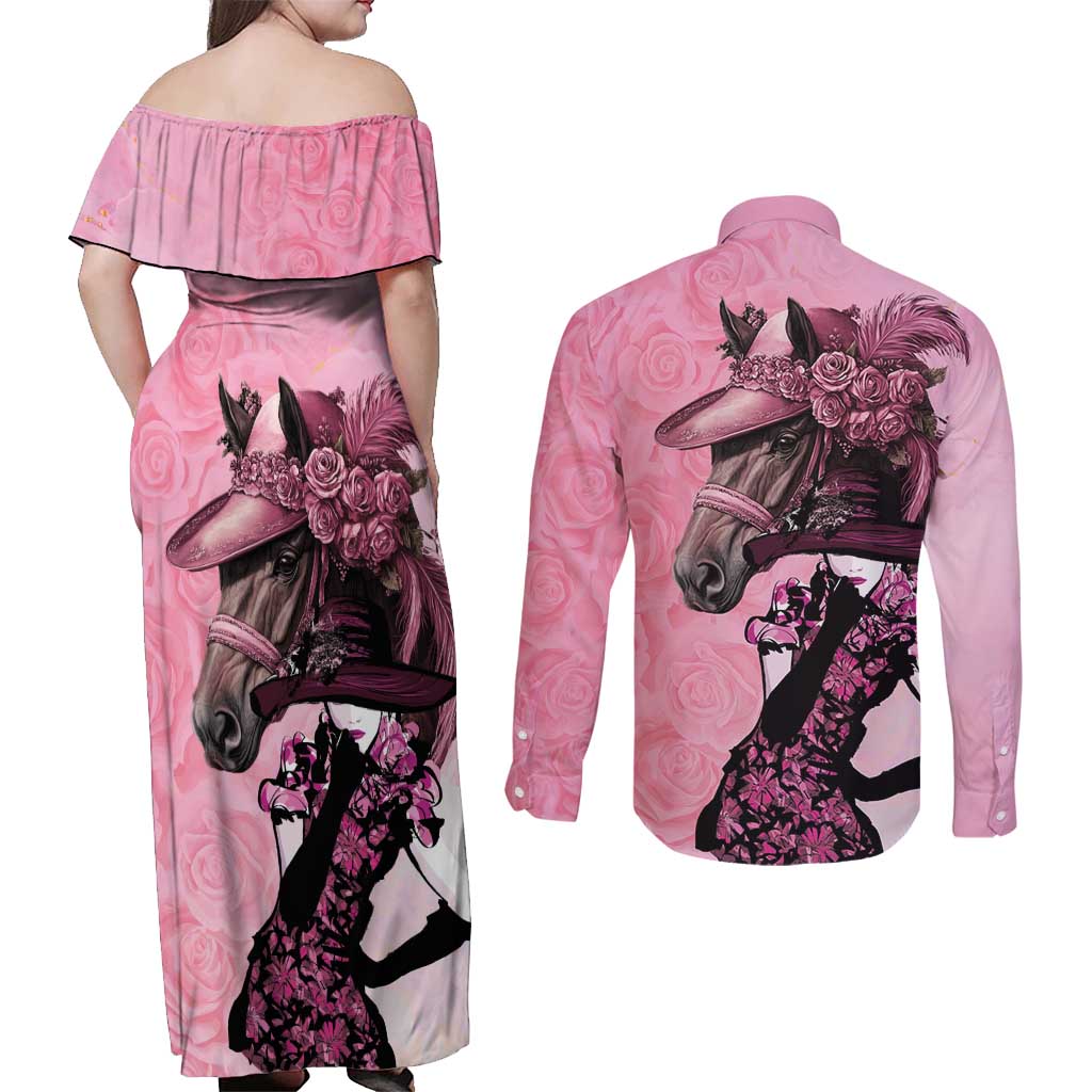 Kentucky Horse Racing Couples Matching Off Shoulder Maxi Dress and Long Sleeve Button Shirt Derby Ladies With Roses