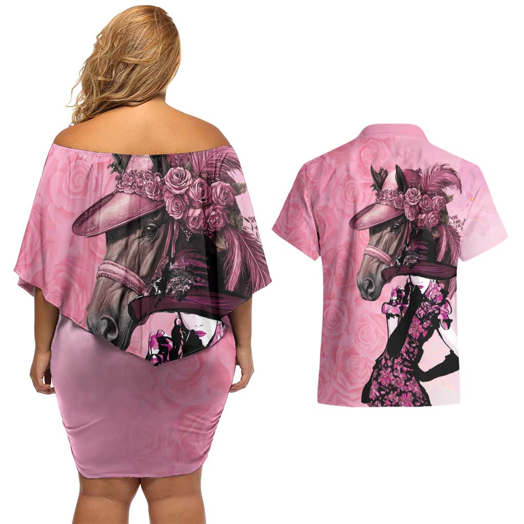 Kentucky Horse Racing Couples Matching Off Shoulder Short Dress and Hawaiian Shirt Derby Ladies With Roses