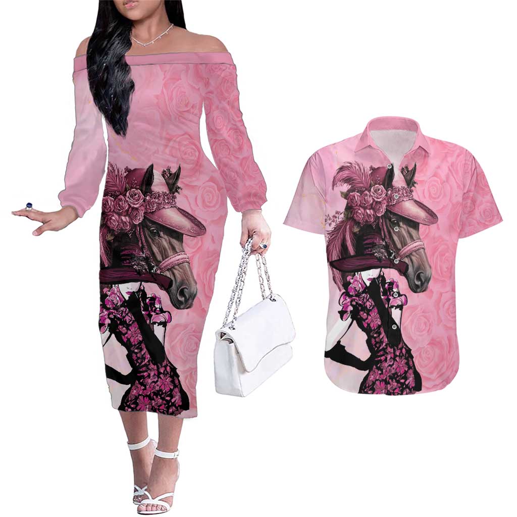 Kentucky Horse Racing Couples Matching Off The Shoulder Long Sleeve Dress and Hawaiian Shirt Derby Ladies With Roses