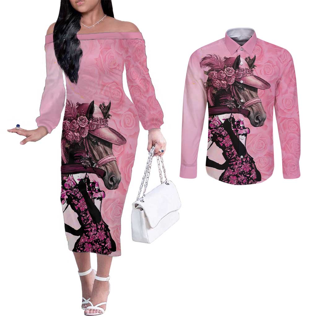 Kentucky Horse Racing Couples Matching Off The Shoulder Long Sleeve Dress and Long Sleeve Button Shirt Derby Ladies With Roses